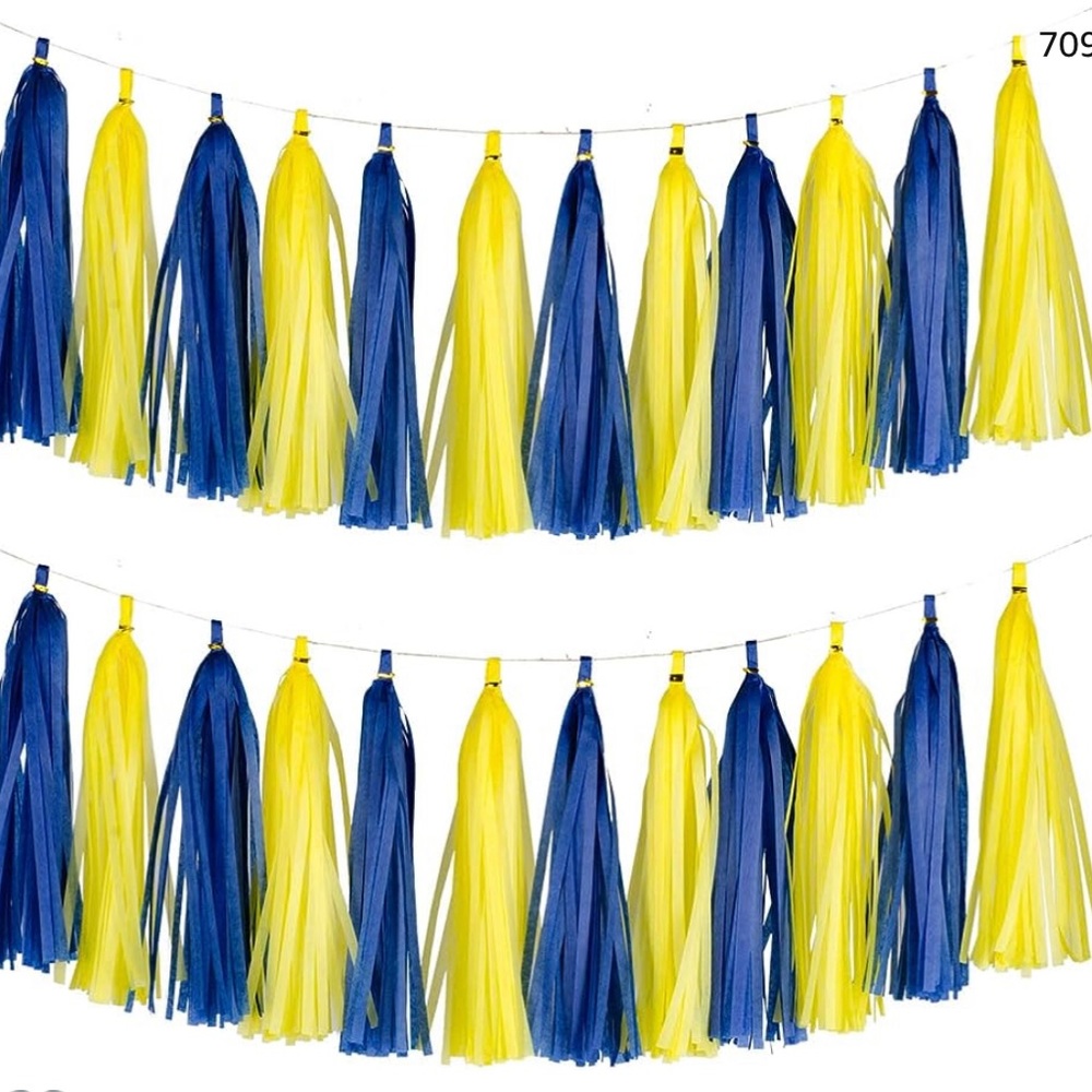 Tissue Paper Tassel Garland, Blue & Yellow, NEW